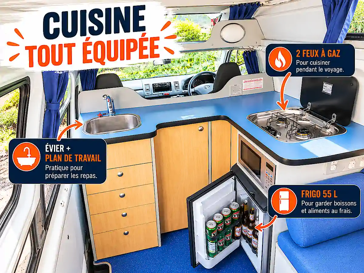 Cuisine de campervan tout équipée en Australie avec évier, grand plan de travail, deux feux à gaz, micro-ondes, frigo 55 L et rangements intégrés