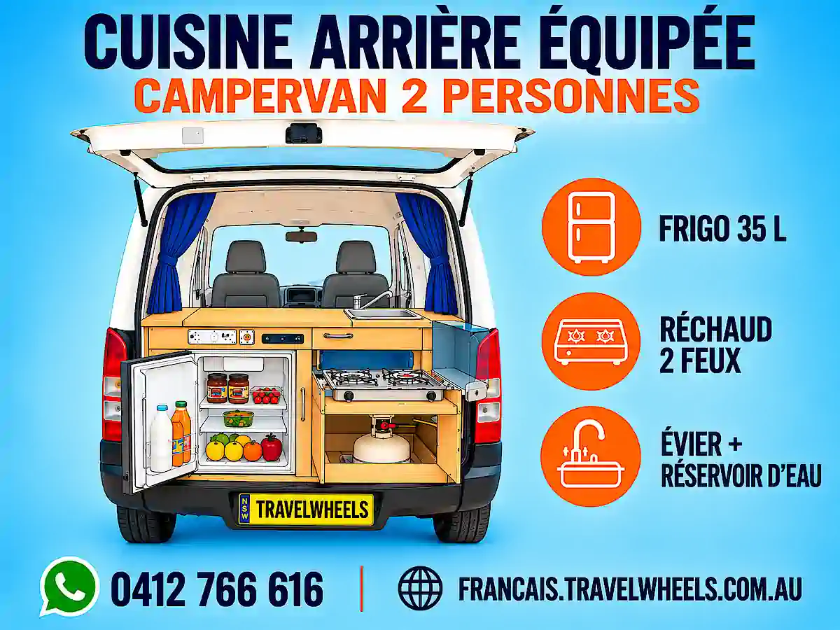 Van à vendre à Sydney avec cuisine arrière équipée, frigo, réchaud deux feux et réservoir d’eau