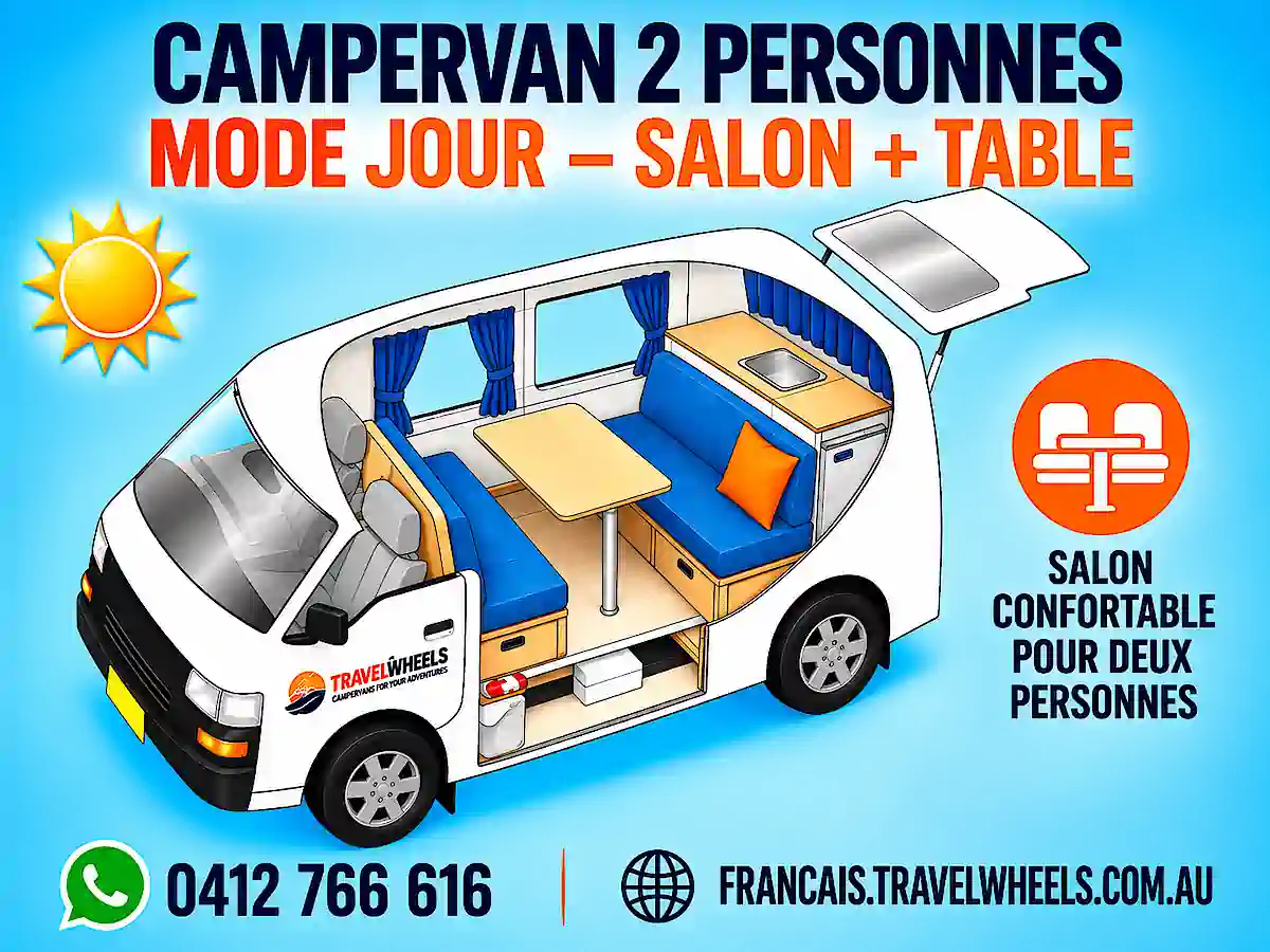 Van à vendre à Sydney avec salon confortable, table et sièges pour deux personnes
