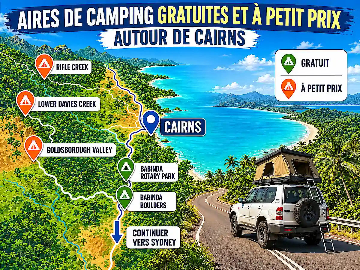 Camping sur la côte Est de l’Australie : carte des aires gratuites et à petit prix autour de Cairns, avec Rifle Creek, Babinda et Goldsborough Valley 