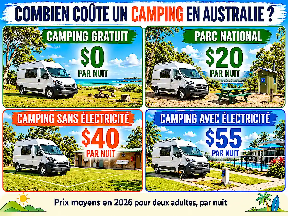 Camping sur la côte Est de l’Australie : comparaison des prix 2026 pour deux adultes, du camping gratuit aux emplacements avec électricité 