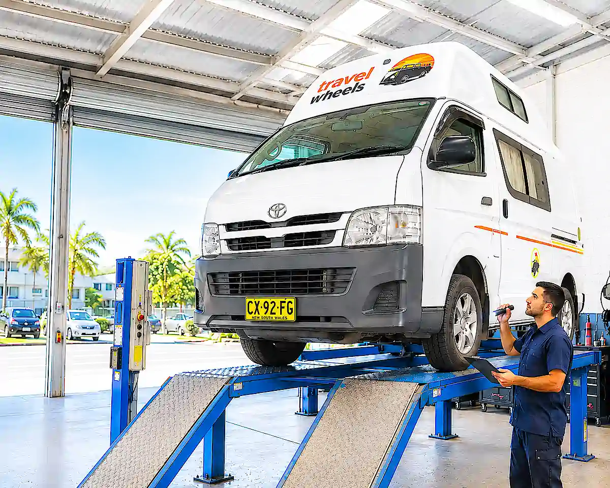 Mécanicien inspectant un campervan Toyota Travelwheels sur un pont élévateur dans un atelier à Sydney, contrôle du véhicule avant sa vente avec l’option de rachat garanti Travelwheels.