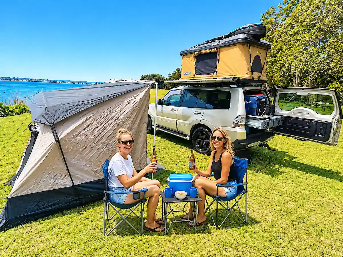 Mitsubishi Pajero à vendre avec tente de toit, auvent et deux voyageuses installées au camping en Australie