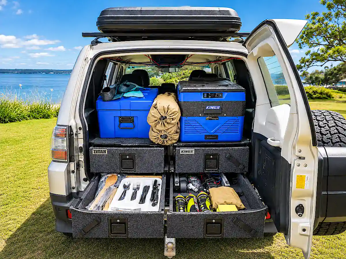 Mitsubishi Pajero à vendre avec cuisine arrière, réfrigérateur et rangements pour voyager en Australie