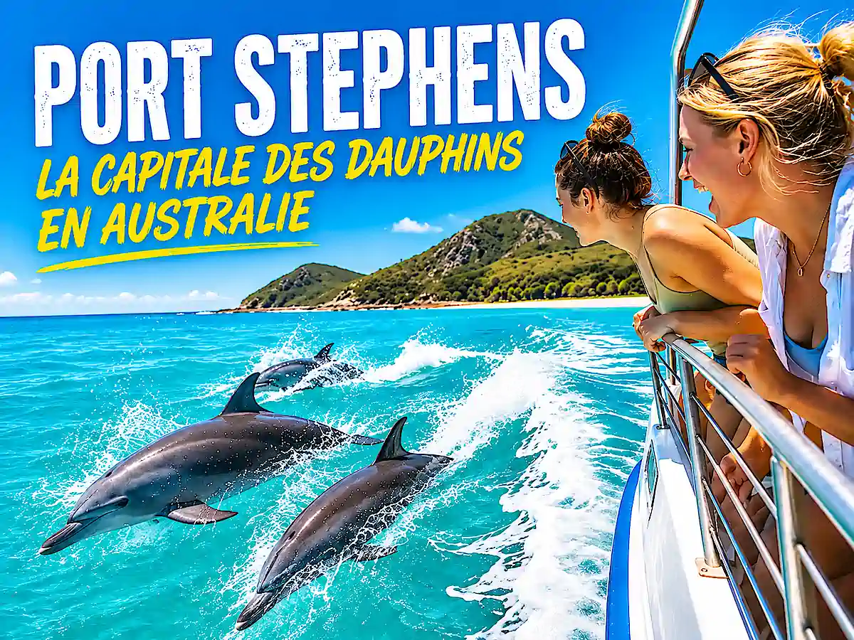 Port Stephens, capitale des dauphins en Australie, avec des dauphins sauvages nageant près d’un bateau pendant un road trip Cairns Sydney sur la côte Est australienne