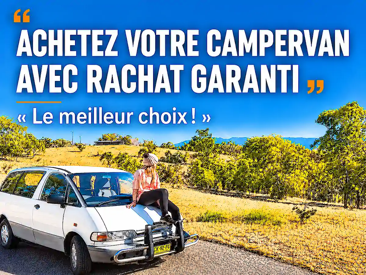 Voyageuse assise sur un campervan Travelwheels en Australie avec le message « Achetez votre campervan avec rachat garanti », présentant l’option de rachat garanti pour les voyageurs en campervan.