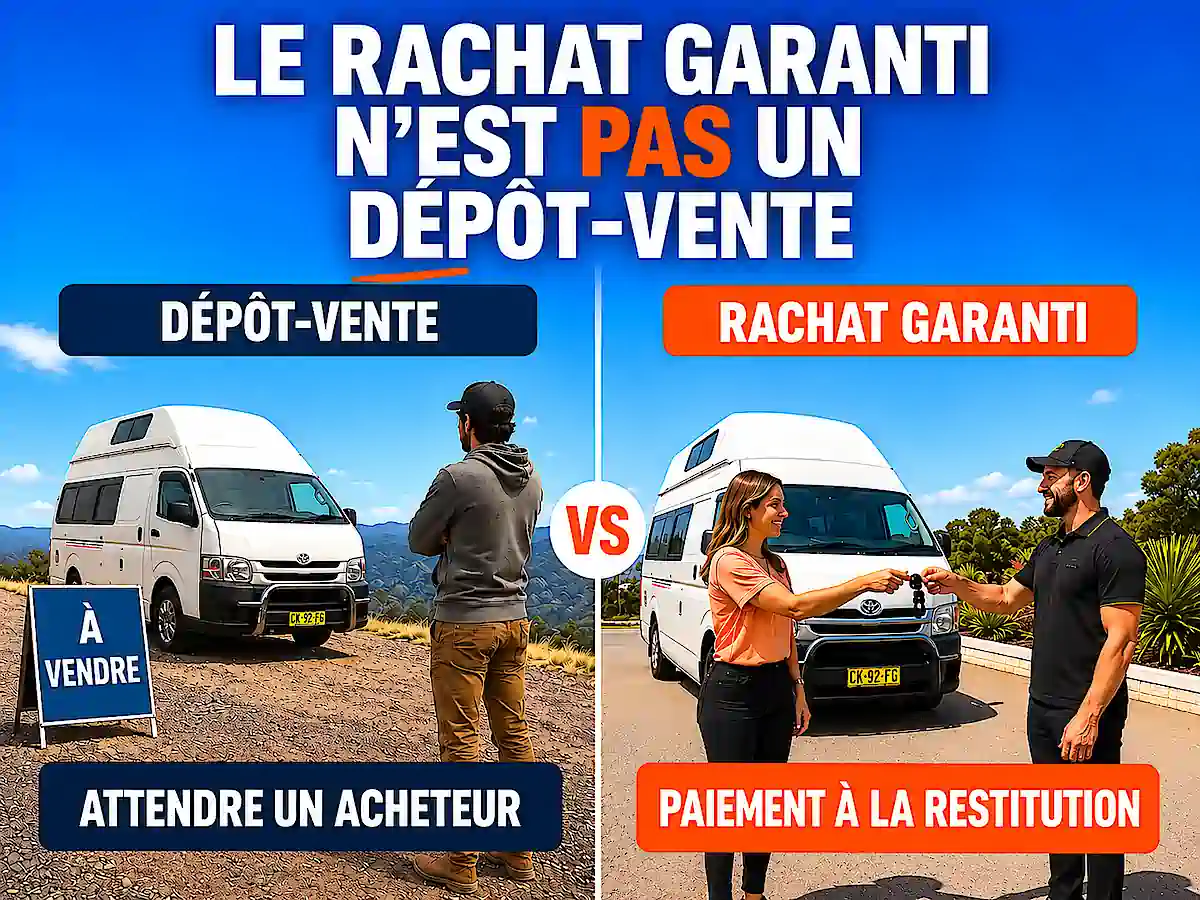Comparaison entre le rachat garanti Travelwheels et le dépôt-vente d’un campervan en Australie : à gauche, un voyageur attend un acheteur pour son véhicule à vendre ; à droite, une voyageuse remet les clés de son campervan et reçoit le paiement à la restitution.