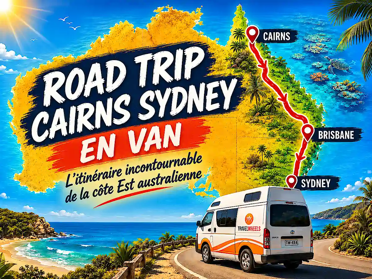 Road trip Cairns Sydney en van : carte de l’itinéraire de Cairns à Brisbane puis Sydney sur la côte Est australienne avec un campervan Travelwheels. 