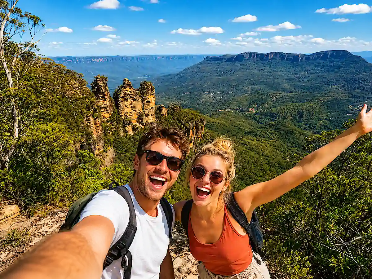 Blue Mountains et Three Sisters, voyageurs en randonnée pendant un road trip Cairns Sydney avant l’arrivée à Sydney