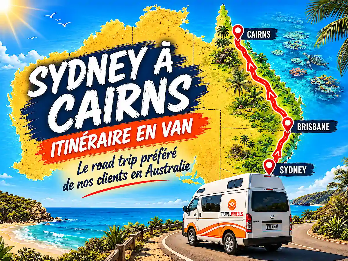 Sydney à Cairns en van avec Travelwheels, itinéraire de road trip sur la côte Est de l’Australie via Brisbane, avec campervan et carte du trajet