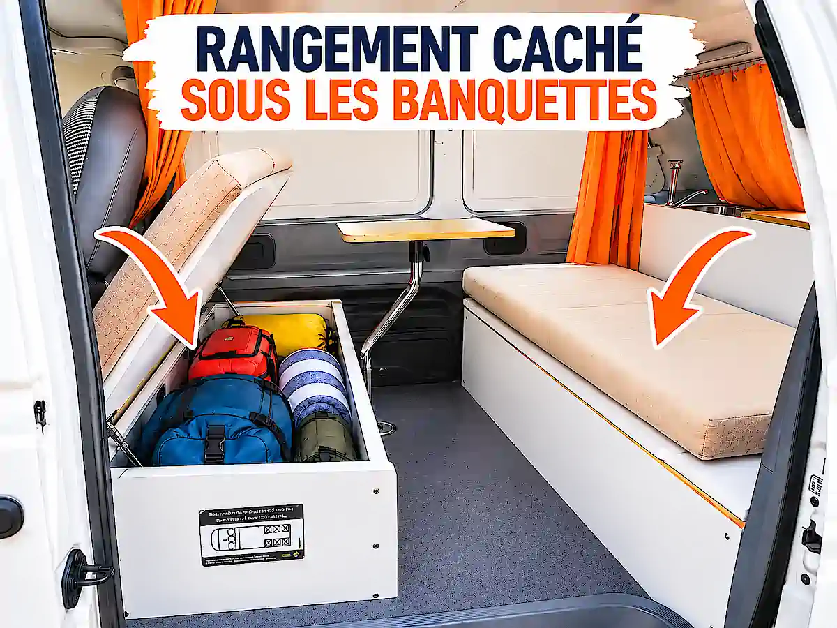 Van aménagé d’occasion Toyota Tarago avec rangement caché sous les banquettes