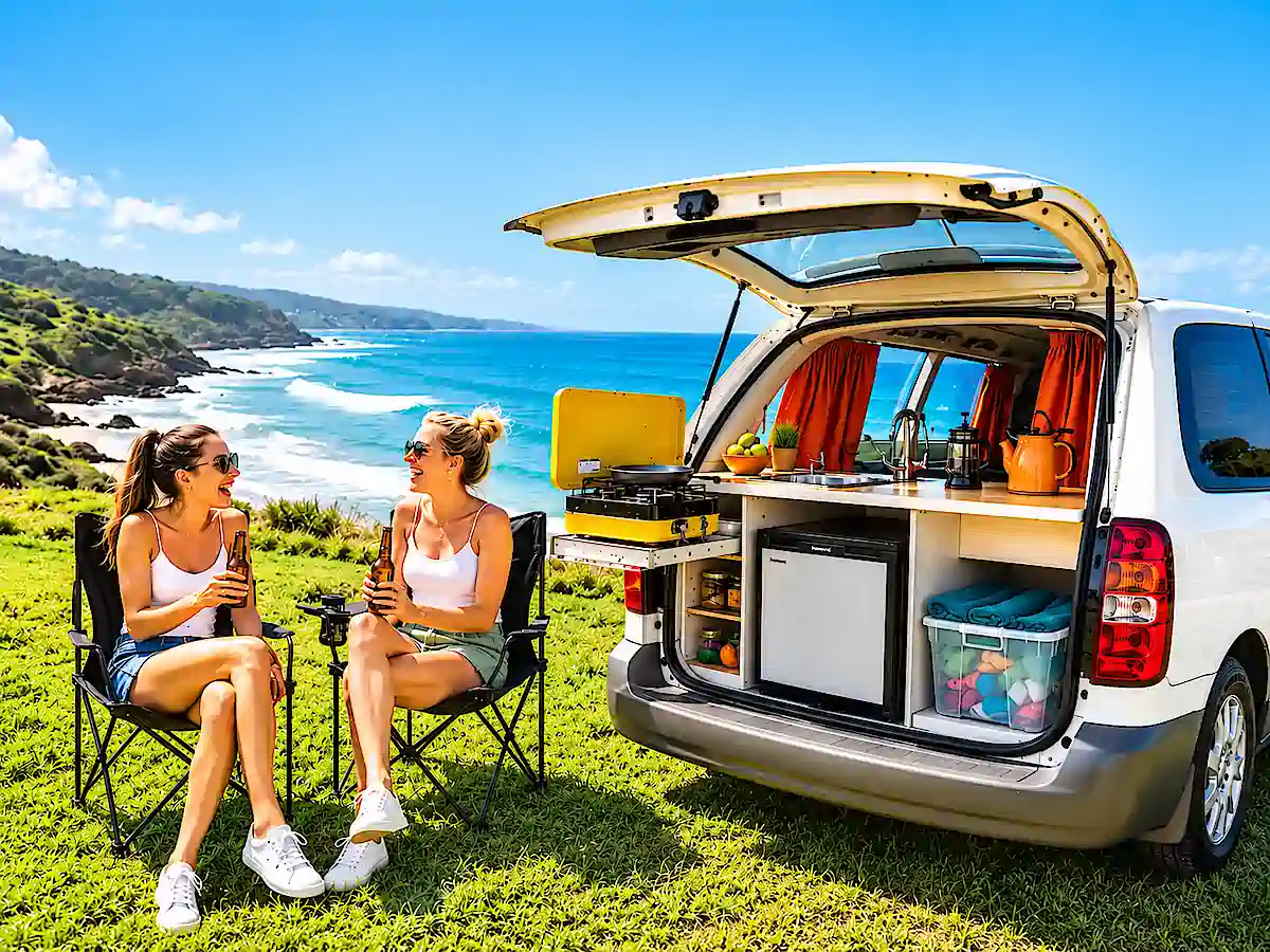 Van aménagé d’occasion Toyota Tarago avec cuisine arrière chez Travelwheels à Sydney