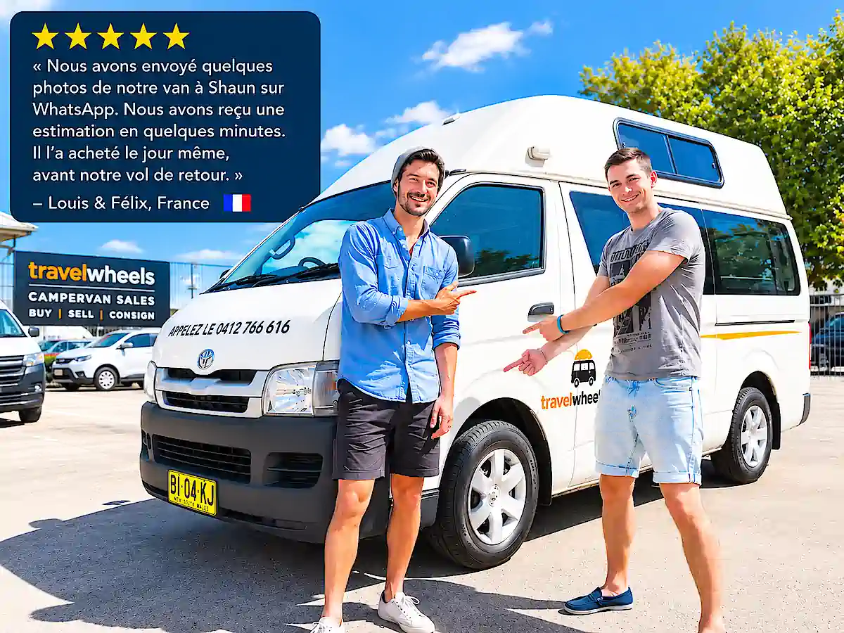 Vendre mon van à Sydney avec Travelwheels – Louis et Félix ont vendu leur van rapidement avant leur vol de retour après une estimation par WhatsApp.