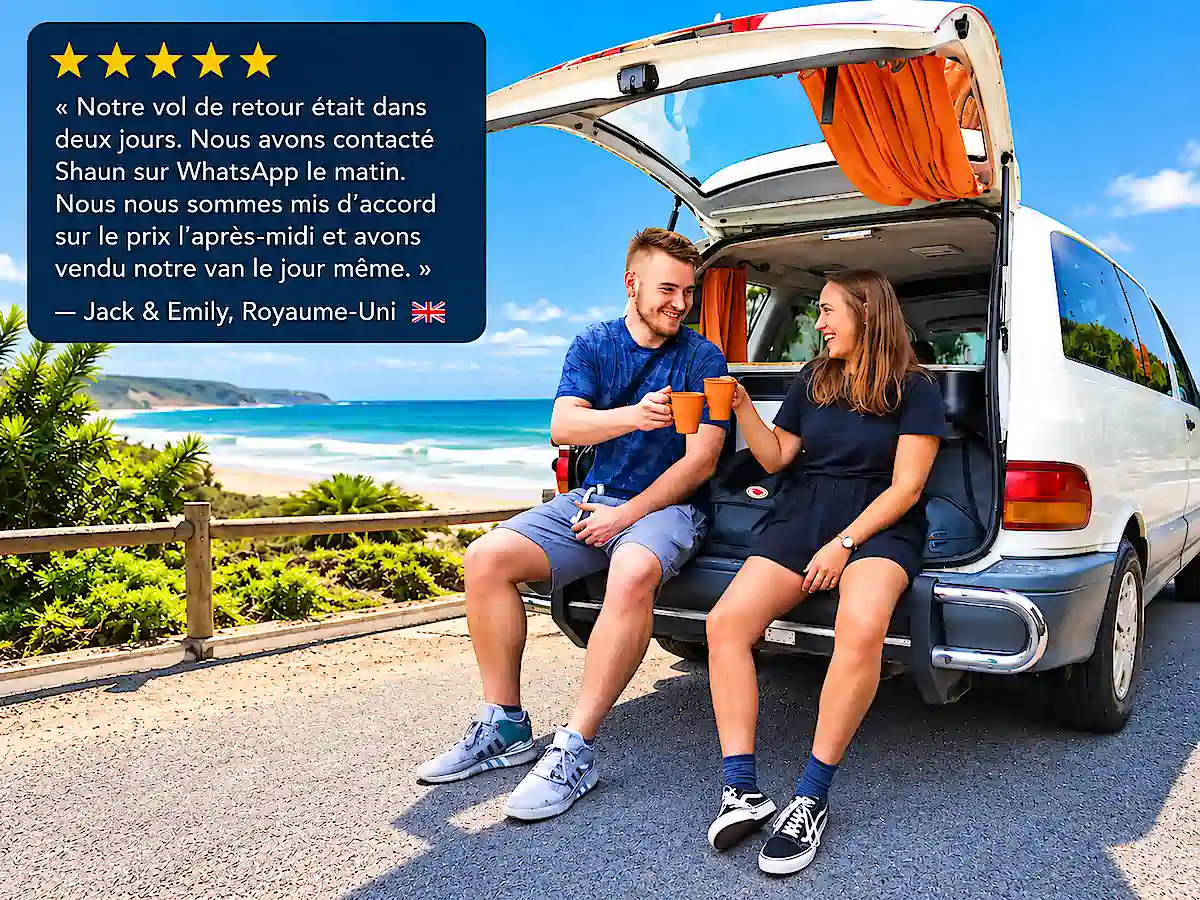 Vendre mon van à Sydney avec Travelwheels – Jack et Emily ont vendu leur van le jour même, deux jours avant leur vol de retour, après avoir contacté Shaun sur WhatsApp.